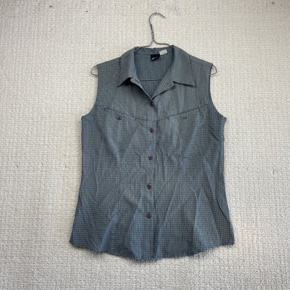 VTG MEC Mountain Equipment Coop Sleeveless Plaid Shirt  Blue Sz M Outdoor Hike